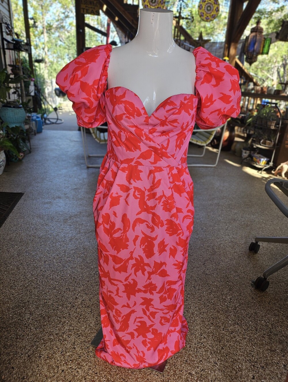 AMUR Pink Midi Dress with Red Floral Print